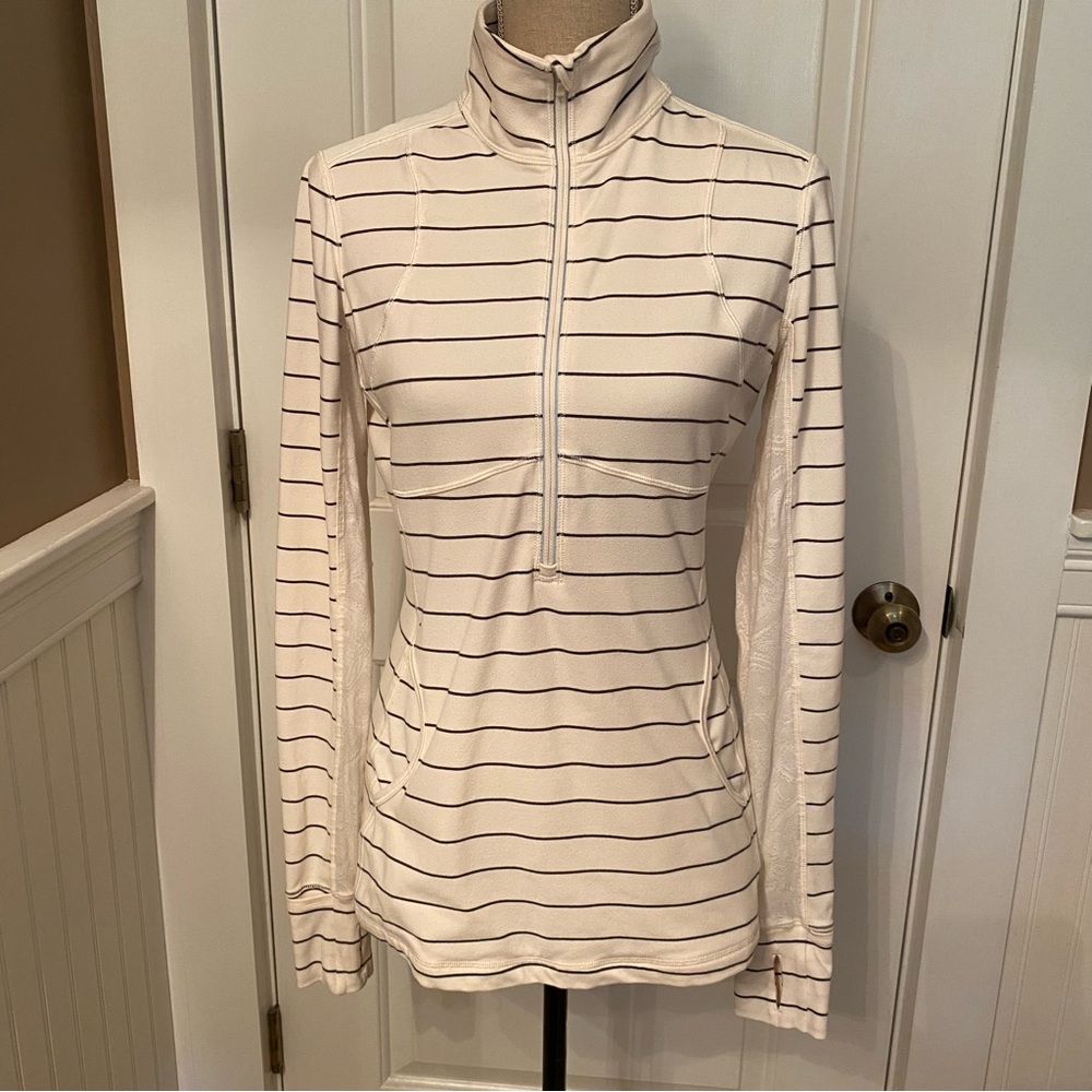 LULULEMON ATHLETICA TOP 1/4 1/2 ZIP CREAM BLUE STRIPE LACE LONG SLEEVE POCKETS S